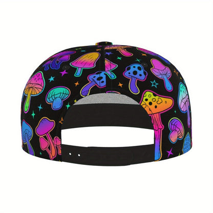 Vibrant Neon Mushroom Snapback Cap - Adjustable Flat Brim Hat, Hip-Hop Street Style, Colorful Design with Glowing Stars & Mushrooms, Perfect Gift for Men, Women, and Teens, Casual Headwear | Playful Design | Lightweight Hat,