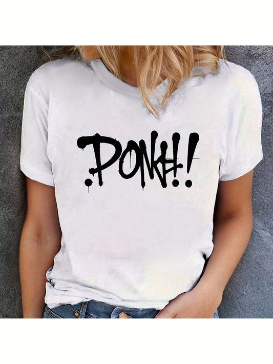 Women's Casual Graphic Print T-Shirt - Short Sleeve Crew Neck, Black with Bold "DONK!" Design, Lightweight & Comfortable for Spring & Summer, Everyday Comfort | Relaxed Fit Tee | Durable Fabric