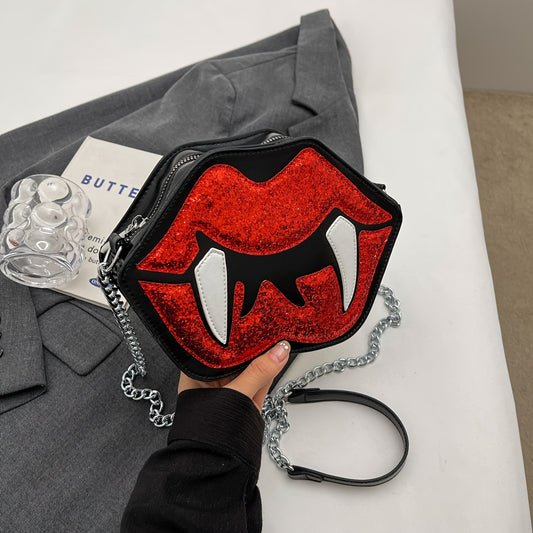 Vampire Lips Print Crossbody Bag - Gothic Style, Black with Red Lips & Fangs Design, Chain Strap, Zipper Closure, Perfect for Halloween & Daily Use, Halloween Accessory | Playful Accessory | Durable Zipper Closure, Halloween