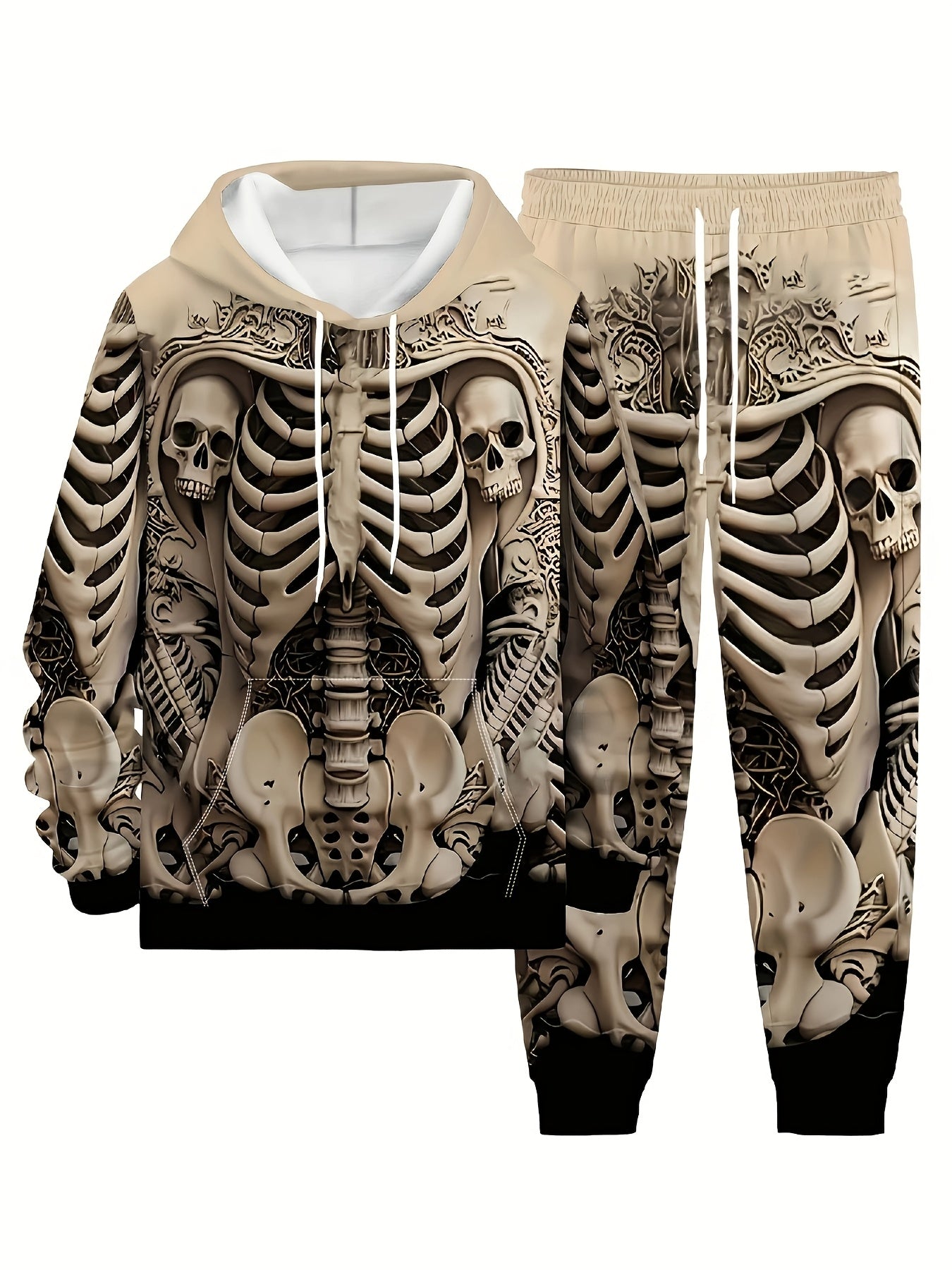 Men's Large Size Skull Pattern 3D Print Street Fashion Casual Hoodie and Pants Set Hoodie and Sweatpants 2pcs Set Suitable for Autumn and Winter Street Outdoor Daily Use as a Gift, PLUS SIZE