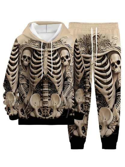 Men's Large Size Skull Pattern 3D Print Street Fashion Casual Hoodie and Pants Set Hoodie and Sweatpants 2pcs Set Suitable for Autumn and Winter Street Outdoor Daily Use as a Gift, PLUS SIZE