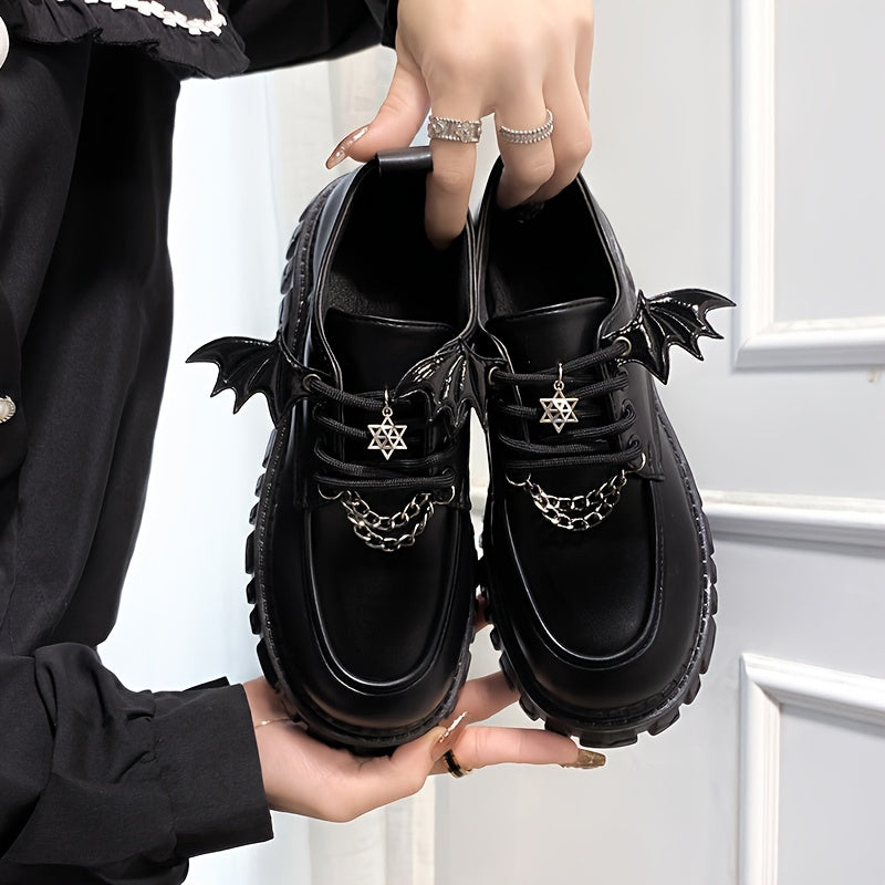 [Goth Bat Wing Flats] Goth Bat Wing Design Women's Stylish Black Lace-Up Flats | Silvery Star Charms & Chain Detail, Thick Rubber Sole, All-Season Comfort, Sweet & Edgy Fashion Statement