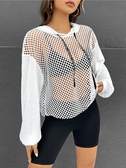 Hollow Out Drawstring Hoodies, Sexy Solid Long Sleeve Sweatshirt, Women's Clothing