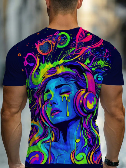 Men'S Vibrant Neon Art T-Shirt - Psychedelic Woman with Headphones Graphic, Colorful Swirl Design, Casual Crew Neck, Perfect for Festivals & Parties, Festival Clothing | Psychedelic Graphic Tee | Stretchy Fabric