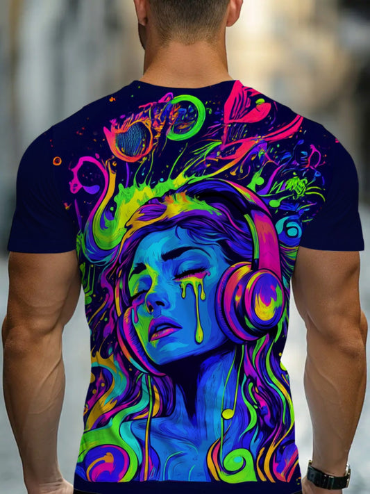 Men'S Vibrant Neon Art T-Shirt - Psychedelic Woman with Headphones Graphic, Colorful Swirl Design, Casual Crew Neck, Perfect for Festivals & Parties, Festival Clothing | Psychedelic Graphic Tee | Stretchy Fabric