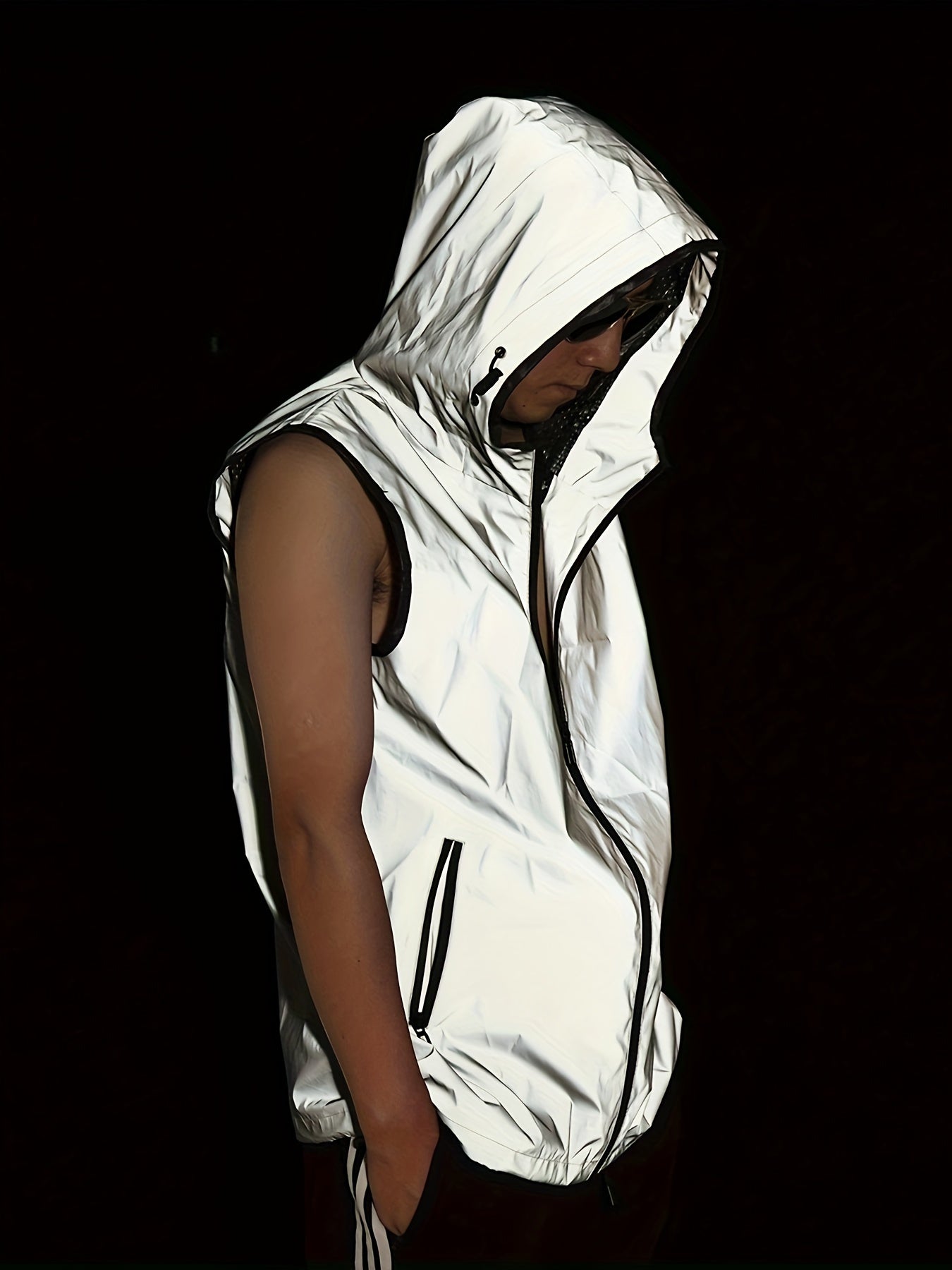 Men's Glow-in-the-Dark Hooded Vest - Casual Sleeveless Outdoor Running Gear, Polyester, Zip-Up, All-Season Wear