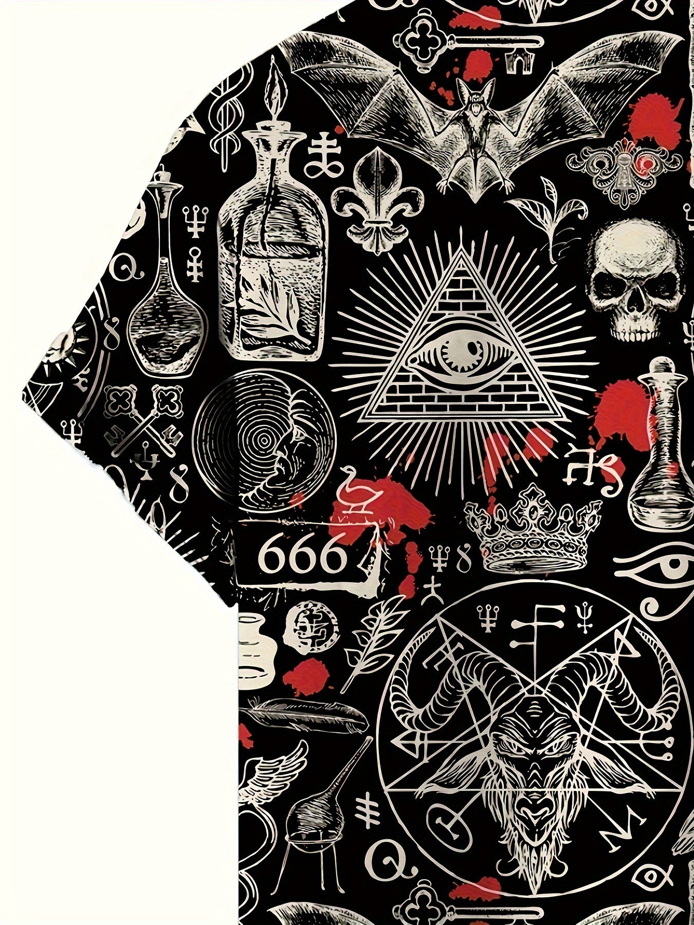 Men's Vintage Skull & Bat Print Short Sleeve Button-Up Shirt - Casual Polyester, Machine Washable - Perfect for Streetwear & Holidays, Novelty Fashion Top