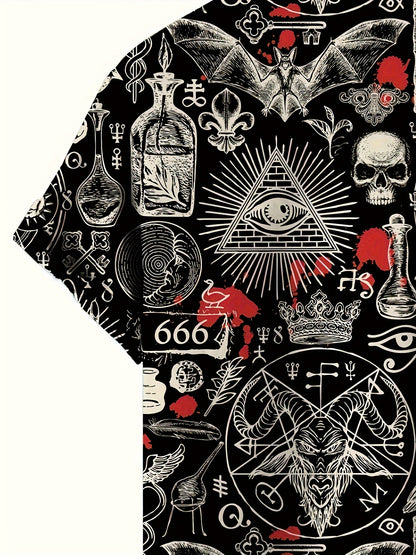 Men's Vintage Skull & Bat Print Short Sleeve Button-Up Shirt - Casual Polyester, Machine Washable - Perfect for Streetwear & Holidays, Novelty Fashion Top
