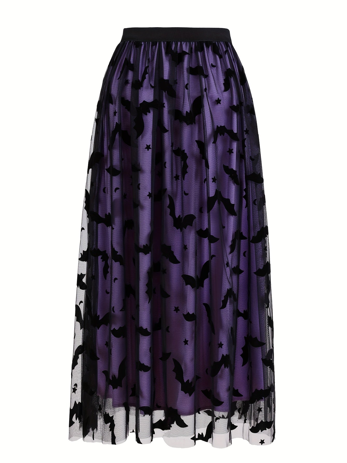 Plus Size - Elegant Plus Size Purple Tulle Skirt with Black Bat Print - Mid-Length, Flowy Design, Perfect for Casual or Formal Occasions, Formal Occasion Skirt | Bat Print Skirt | Polyester Fabric