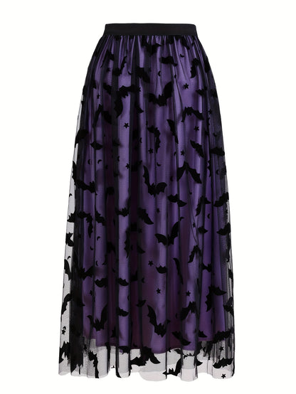 Plus Size - Elegant Plus Size Purple Tulle Skirt with Black Bat Print - Mid-Length, Flowy Design, Perfect for Casual or Formal Occasions, Formal Occasion Skirt | Bat Print Skirt | Polyester Fabric