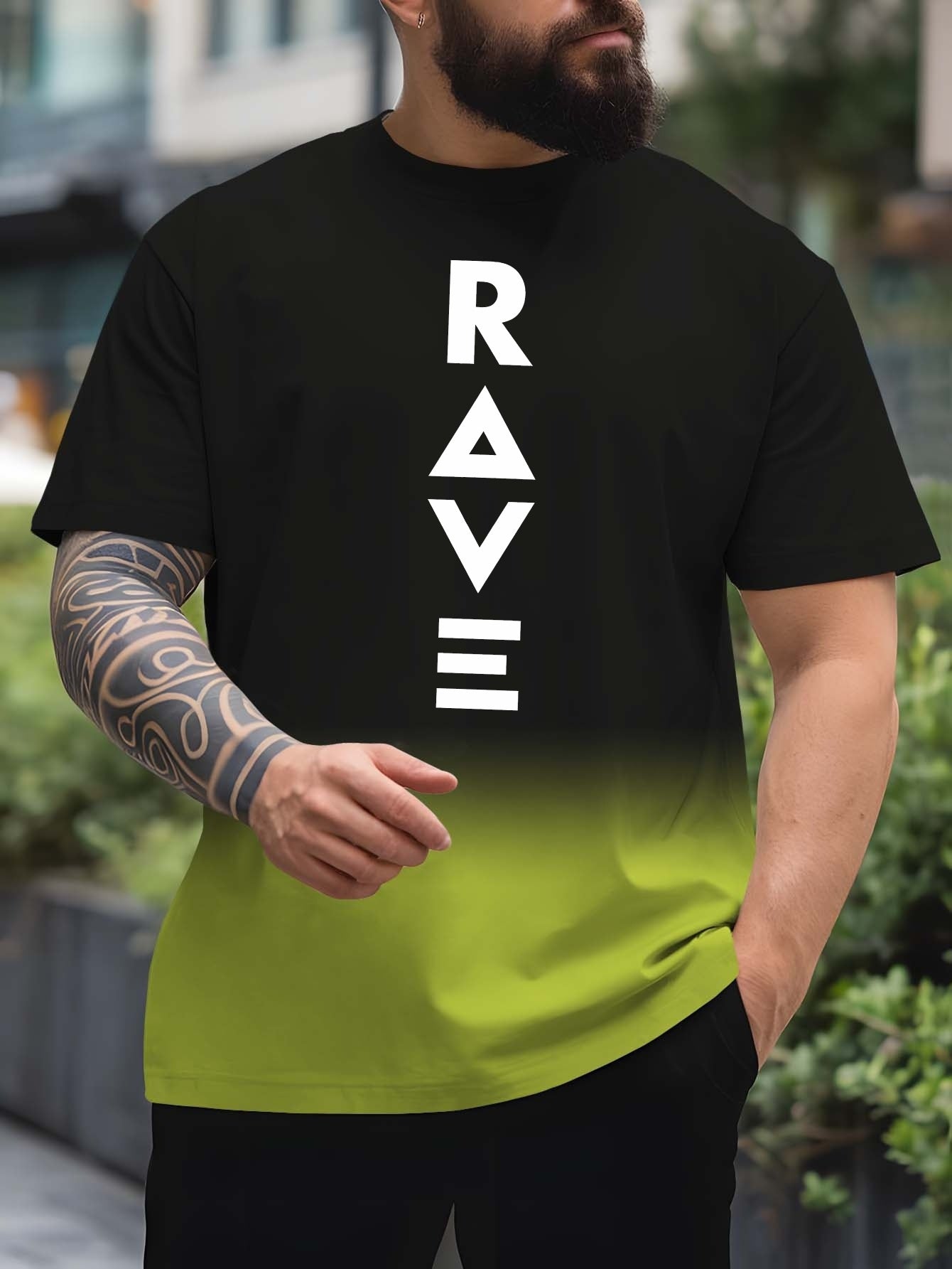 Men's Gradient Rave Graphic T-Shirt - Ice Silky Breathable, Quick-Dry, Round Neck, Short Sleeve, Casual Summer Tee in Vibrant Orange to Black Ombre Design