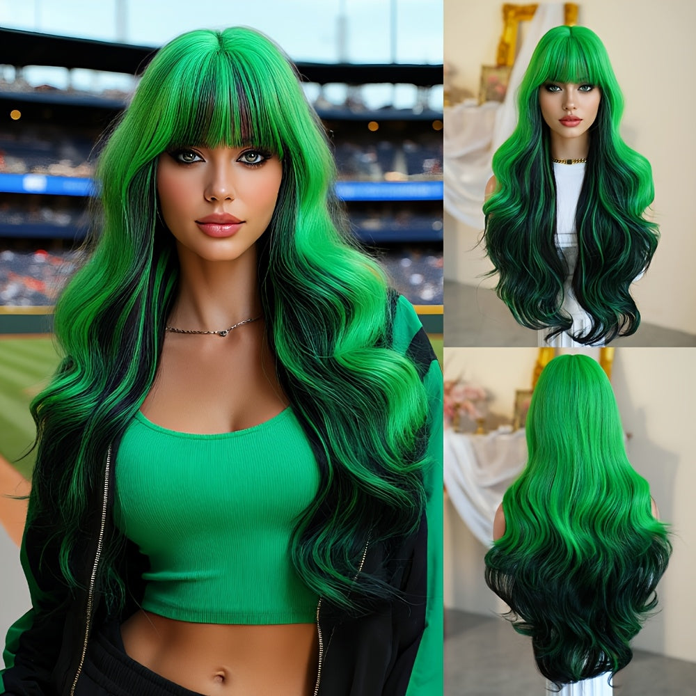 [Halloween Dress Up Wigs] Long Loose Curly Ombre Green Wigs with Bangs | High Density Fluffy Highlight Black Halloween Dress Up Wigs for Women - 30 Inches, Cosplay Accessory, Party Wig, Bangs Wig, Ombre Hairstyle, Durable, Li