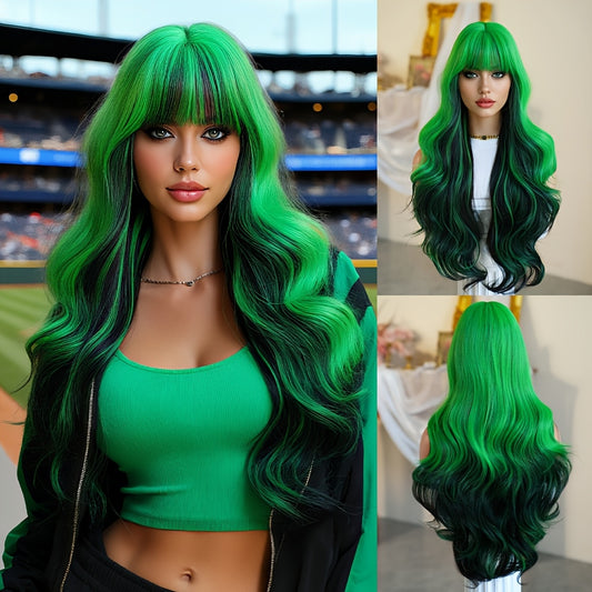 [Halloween Dress Up Wigs] Long Loose Curly Ombre Green Wigs with Bangs | High Density Fluffy Highlight Black Halloween Dress Up Wigs for Women - 30 Inches, Cosplay Accessory, Party Wig, Bangs Wig, Ombre Hairstyle, Durable, Li