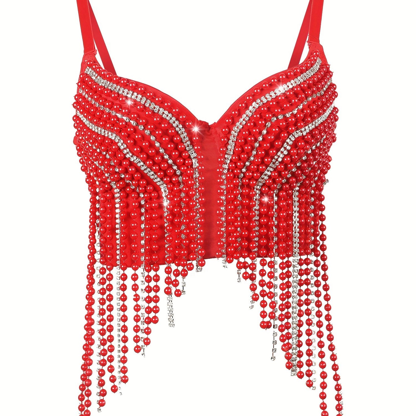 Sexy Fishbone Corset Top with Pearl Embellishments & Tassel Details - Vibrant Pink Stretchy Spaghetti Strap Bustier for Nightclub, Concert, Festival - Versatile All-Season Women's Fashion, Concert Attire, Elegant Style, Styli