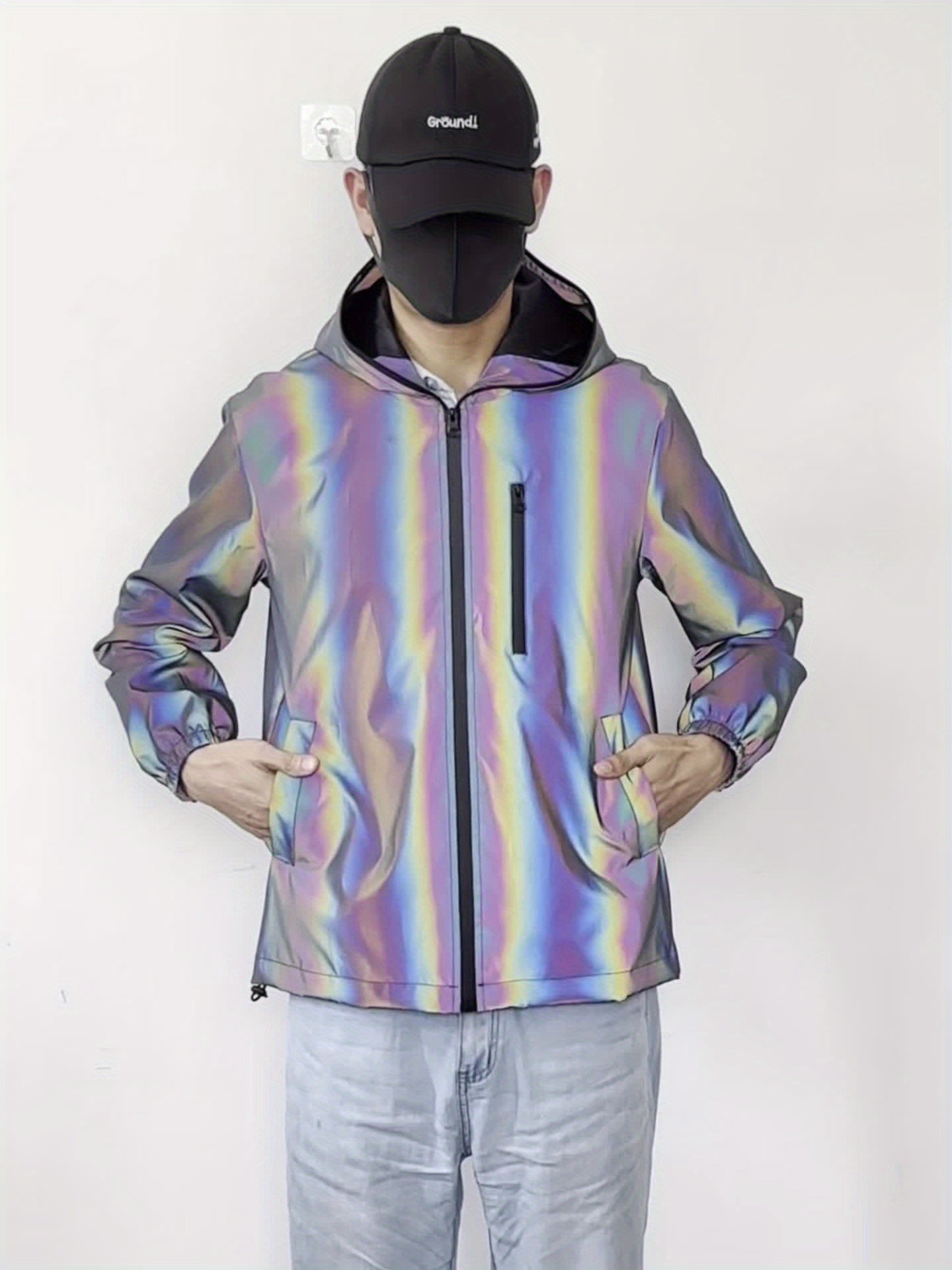 Men'S Reflective Rainbow Hooded Jacket - Stylish Casual Streetwear with Zipper Front, Long Sleeves, and Pockets for Spring & Fall, Spring Jacket | Iridescent Finish | Glossy Finish, Reflective Jacket