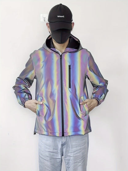 Men'S Reflective Rainbow Hooded Jacket - Stylish Casual Streetwear with Zipper Front, Long Sleeves, and Pockets for Spring & Fall, Spring Jacket | Iridescent Finish | Glossy Finish, Reflective Jacket