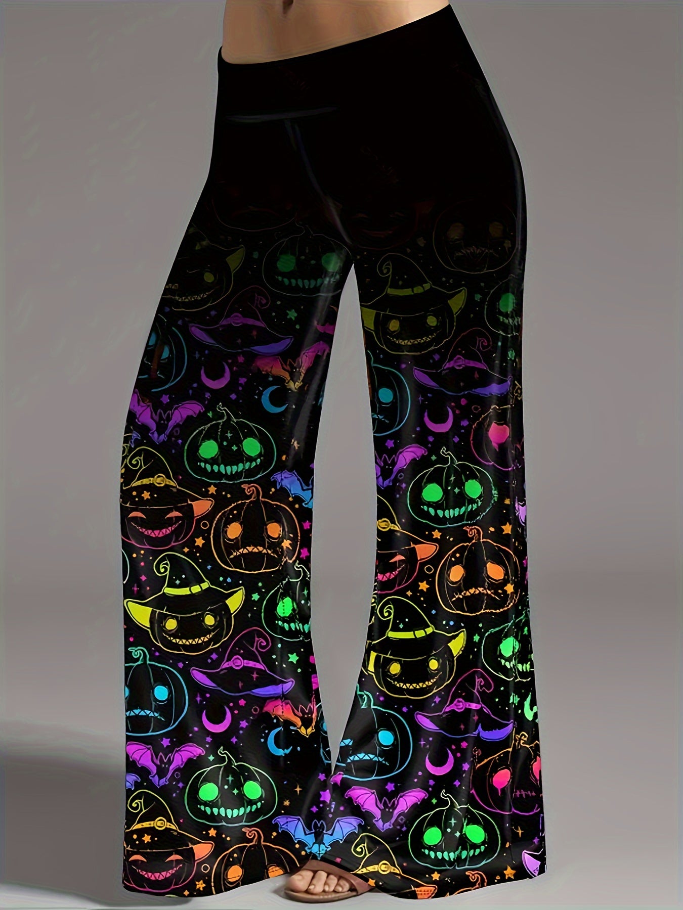 Women's Halloween Wide-Leg Pants - Plus Size Vibrant Geometric Pumpkin & Bat Print on Black Background, Casual Comfort Fit for Halloween Parties & Casual Attire, Halloween Clothes, Seasonal Clothing, Festive Apparel, Charming