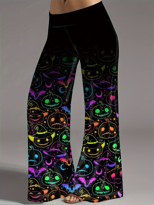 Women's Halloween Wide-Leg Pants - Plus Size Vibrant Geometric Pumpkin & Bat Print on Black Background, Casual Comfort Fit for Halloween Parties & Casual Attire, Halloween Clothes, Seasonal Clothing, Festive Apparel, Charming