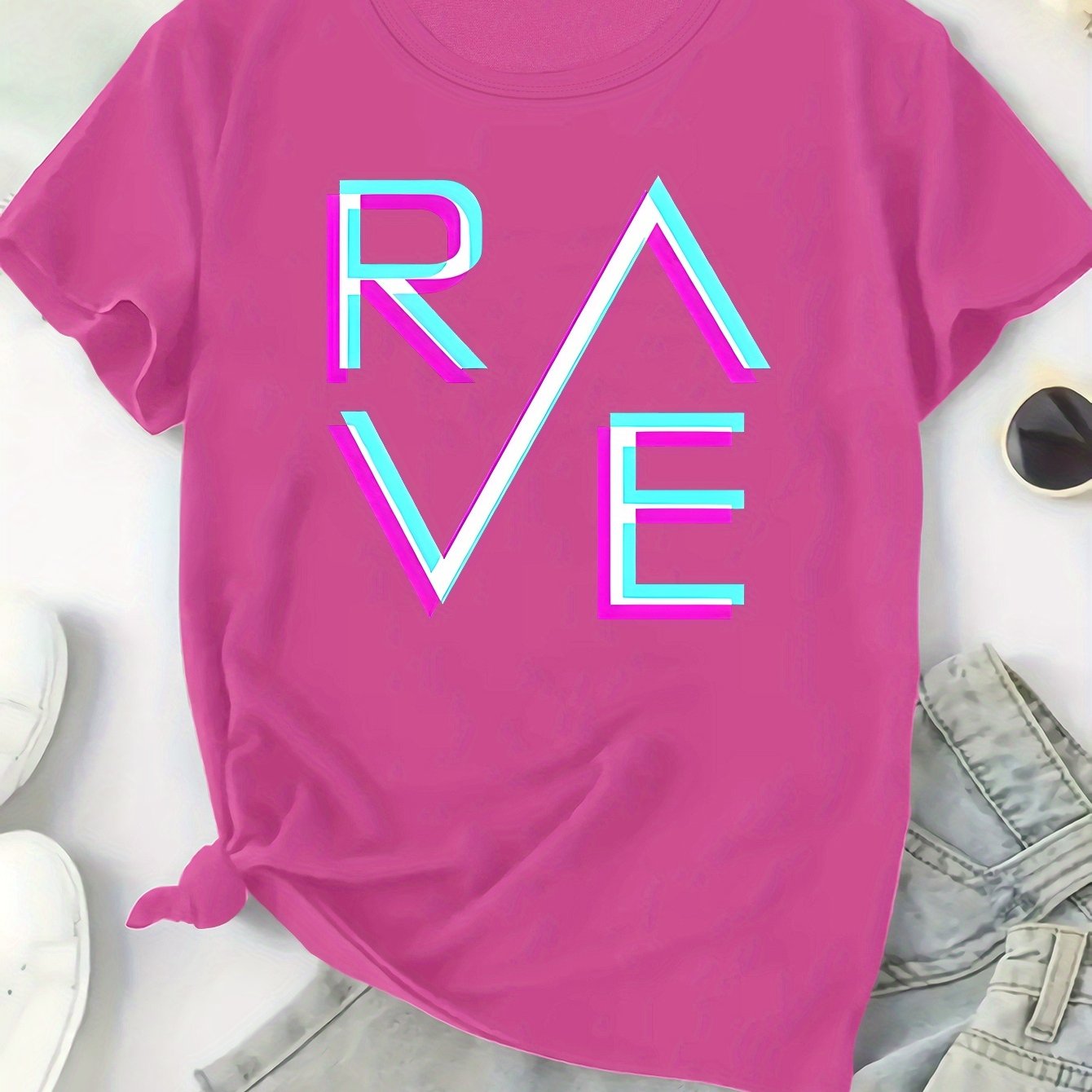 Plus Size, Women's Plus Size T-Shirt - Bright Orange with Neon BLUE-PINK RAVE Graphic - Stretchy Fabric Casual Party Outfit for Concerts, Clubwear - Everyday & Special Occasion Tops - Machine Washable All-Season Women's Cloth