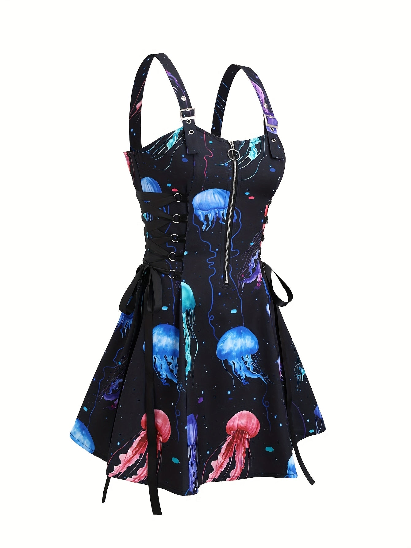 1pc Women'S Casual Jellyfish Print Spaghetti Strap Dress, Polyester Woven Fabric, with Zipper Detail, for All-Season Shoulder Strap Sundress