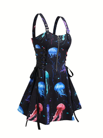 1pc Women'S Casual Jellyfish Print Spaghetti Strap Dress, Polyester Woven Fabric, with Zipper Detail, for All-Season Shoulder Strap Sundress
