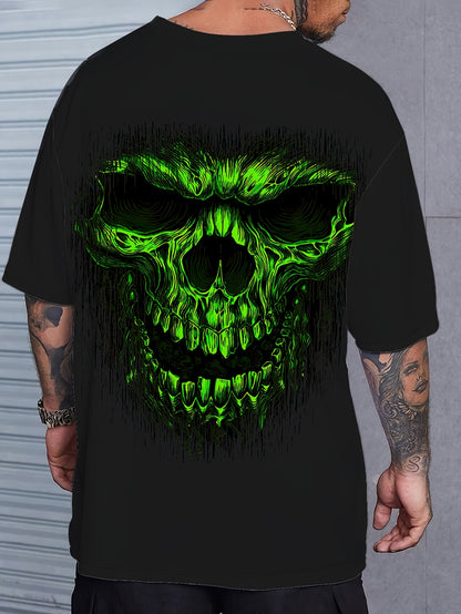 Men's Graphic T-Shirt - Bold Neon Green Skull Print Tee, Heavy-Duty 100% Polyester Shirt for Everyday & Halloween Outfits, Machine Washable Big & Tall Sizes Available - Edgy Streetwear Essential, Casual Wear, Round Neckline T