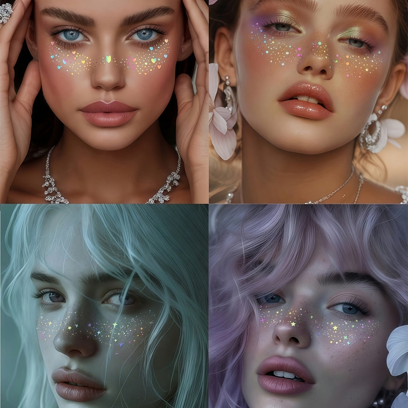 6 Sheets Glitter Freckles Holographic Stickers Heart Freckle Tattoos Glitter Stickers Waterproof Temp Tattoos with Glittery Star Heart Dot Pattern for Party Festival Daily Makeup