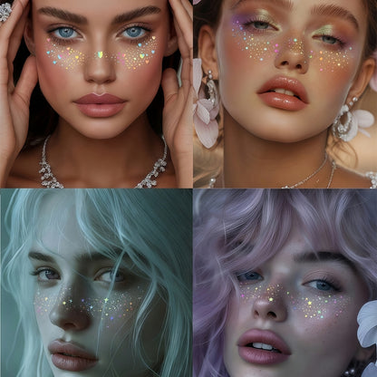 6 Sheets Glitter Freckles Holographic Stickers Heart Freckle Tattoos Glitter Stickers Waterproof Temp Tattoos with Glittery Star Heart Dot Pattern for Party Festival Daily Makeup