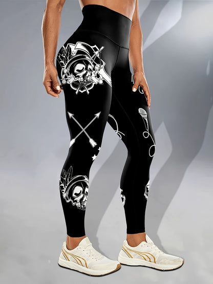 Women'S High-Waisted Stretchy Fitness Leggings with Glow-in-the-Dark Skull Print - Black, Elastic Waistband, Long Length for Running, Yoga & Halloween Party Wear, Yoga Pants, Halloween Leggings, Bold Graphic Pants, Highelasti