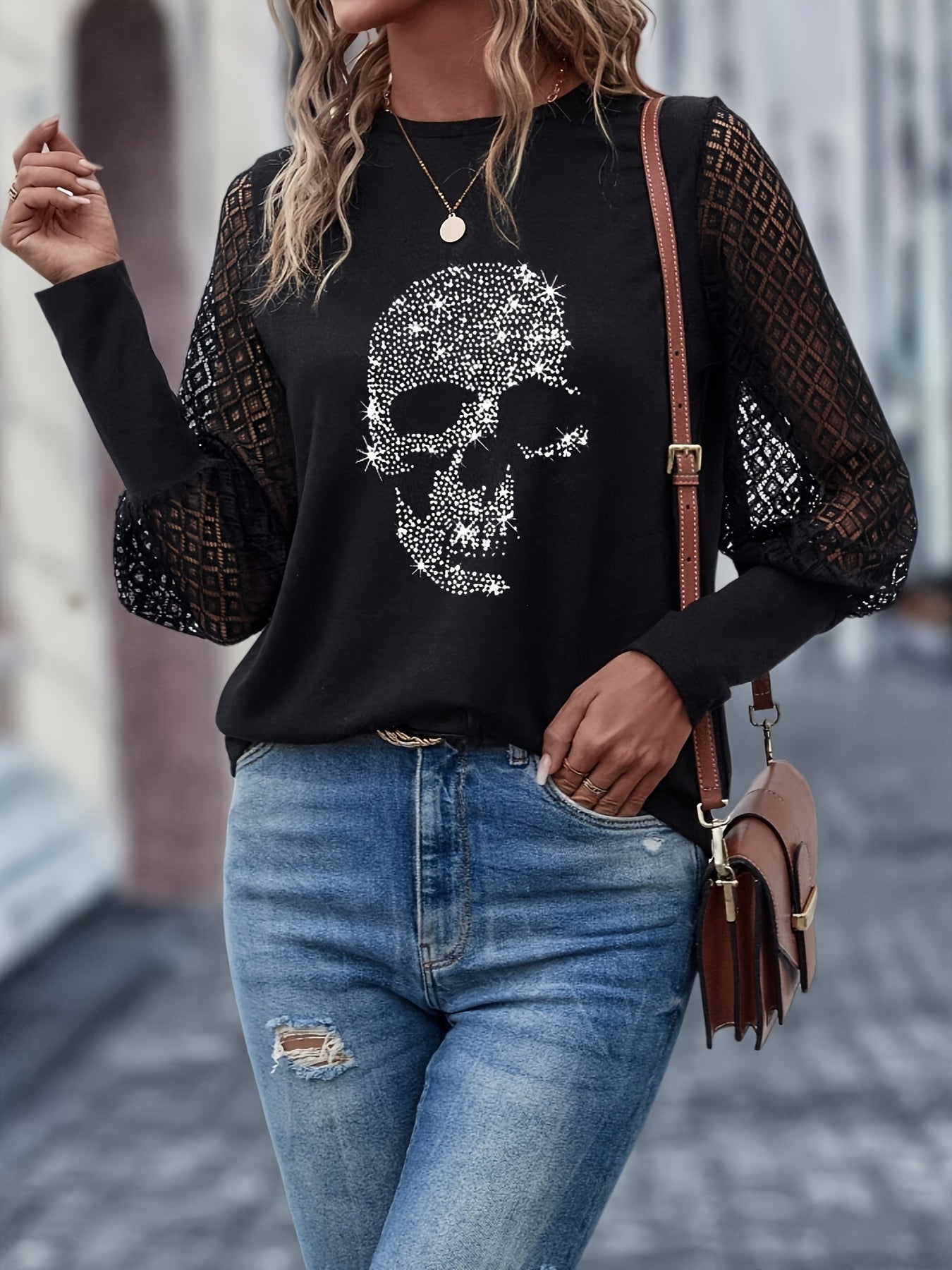 Skull Rhinestone Crew Neck T-Shirt, Contrast Lace Long Sleeve T-Shirt For Spring & Fall, Women's Clothing