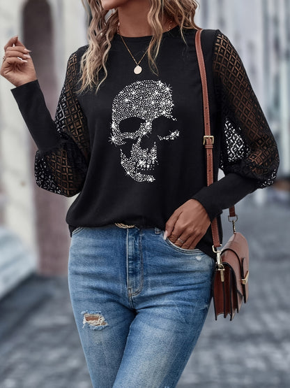 Skull Rhinestone Crew Neck T-Shirt, Contrast Lace Long Sleeve T-Shirt For Spring & Fall, Women's Clothing