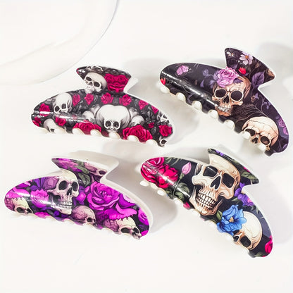 [Stylish Skull Hair Clips] 2pcs Stylish Women's Halloween Skull Hair Clips | Semi-High Back Scrunchies, Resin Shark Clips, Non-Slip Strong Fashionable Hair Accessories, Suitable for Festivals, Parties, Daily Use and Gifts