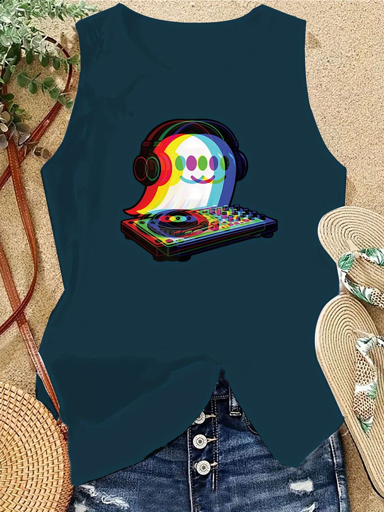 Women's Casual Sleeveless Tank Top with DJ Music Graphic Print - EDM Rave-Inspired Acid House & Psychedelic Pop Design, Stretchy Comfort Fit, Machine Washable for Clubbing, Festivals & Casual Attire, Ladies Tank Tops, Festiva