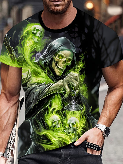 Men'S Casual Crew Neck T-Shirt with 3D Skeleton Print, Green Flame and Skulls Design, Lightweight Polyester Fabric, Regular Fit Short Sleeve Tee for Casual Attire, Outdoor Tshirt | Unique Graphic Tee | Durable Casualwea