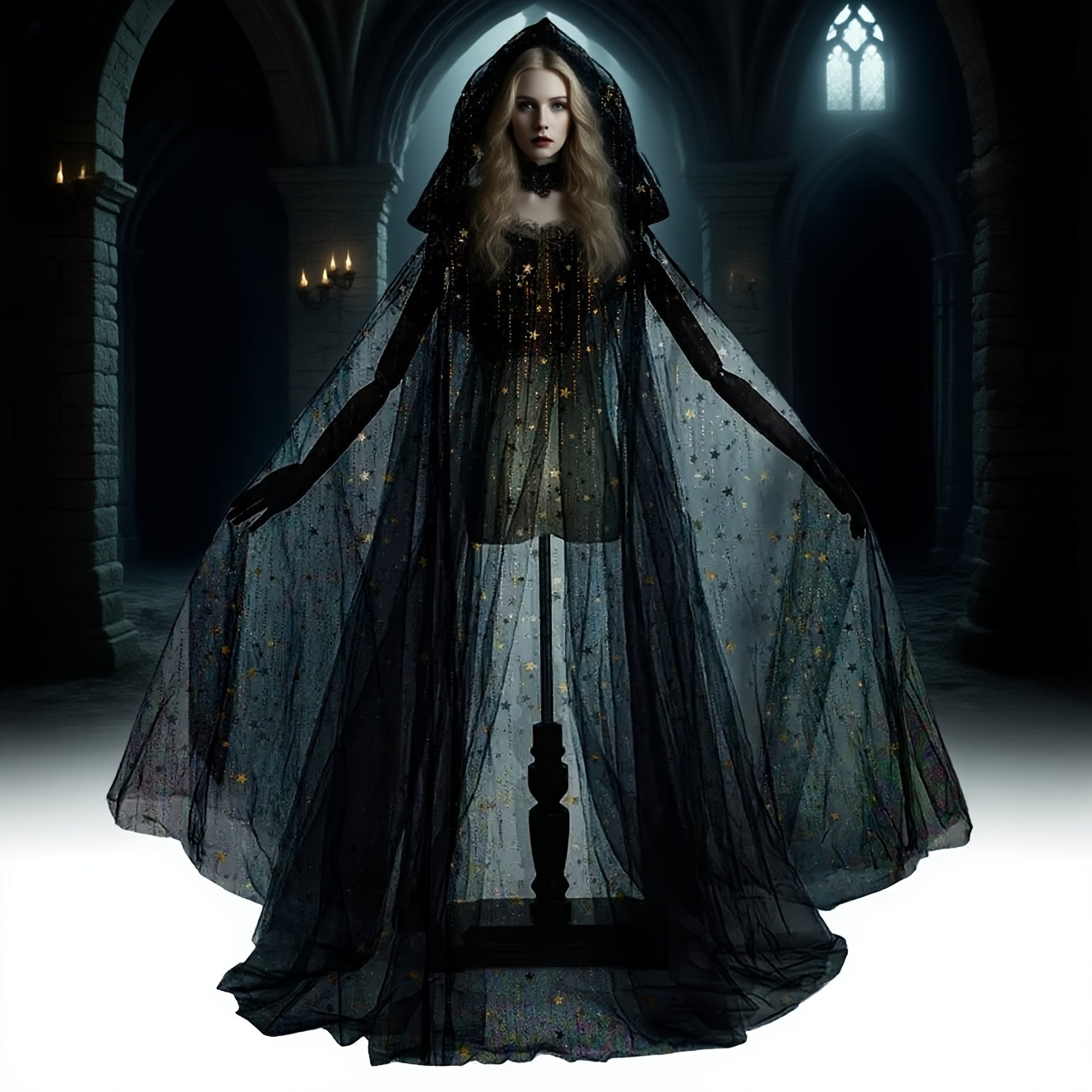 [Halloween Horror Party Cloak] 1pc KUIJA Bride Shawl Witch Vampire Cosplay Cloak - Double Layered Halloween Horror Party Costume Prop, White, Black & Red Options, Polyester Woven Fabric for Carnival Outfits, Halloween Costume