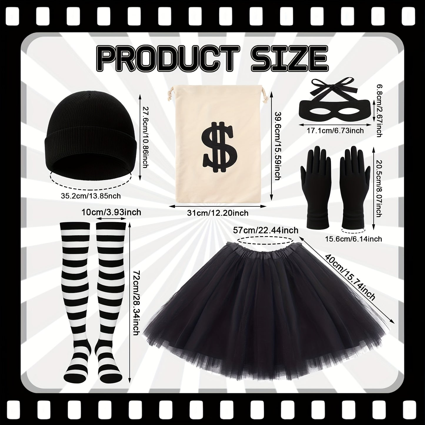 6pcs Women Robber Costume Set - Black Beanie, Gloves, Eye Mask, Striped Socks, Tutu Skirt, Canvas Money Bag for Halloween, Cosplay, and Fancy Dress Parties, Adult Halloween Costume | Playful Accessories | Polyester Fiber, Hal