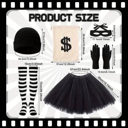 6pcs Women Robber Costume Set - Black Beanie, Gloves, Eye Mask, Striped Socks, Tutu Skirt, Canvas Money Bag for Halloween, Cosplay, and Fancy Dress Parties, Adult Halloween Costume | Playful Accessories | Polyester Fiber, Hal