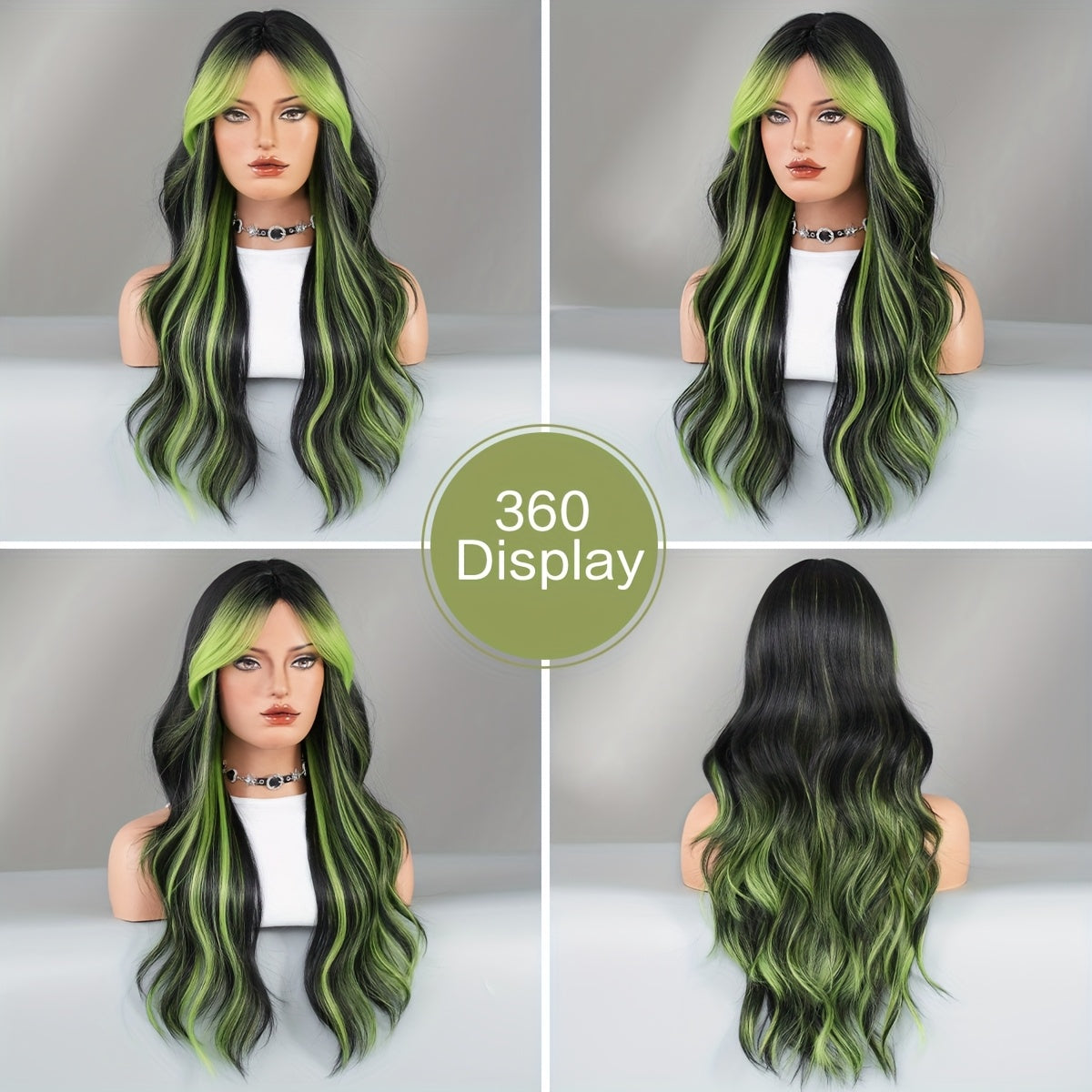[Halloween Green Wig] Halloween Long Curly Wavy Green Wig for Women | Modest Fashion Middle Part Wigs with Curtain Bangs High Density Synthetic Fiber Fake Hair Trick or Treat Wear Beginners Glueless Wig Accessories Cosplay Pa