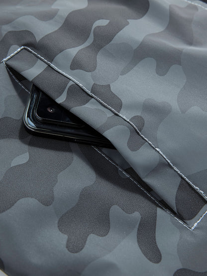 Men's Reflective Camo Soft Shell Jacket - Lightweight Polyester, Zip-Up Design with Flap Pockets, Gray Camouflage Pattern for Outdoor Activities, Running, Training, Hiking & Cycling - Perfect for Casual Wear