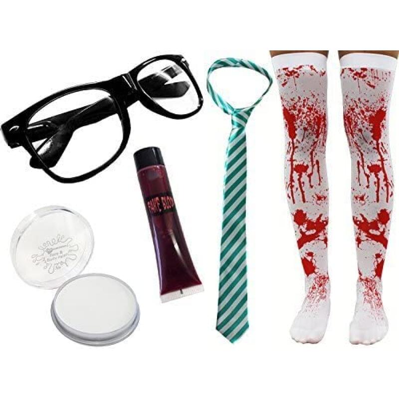 Ladies Halloween Zombie Schoolgirl Costume - Green & Grey Tie - Glasses, Striped Tie, Bloody Stockings, Fake Blood And Face Paint - Adults Horror Geek Scary Nerd Halloween Fancy Dress Set