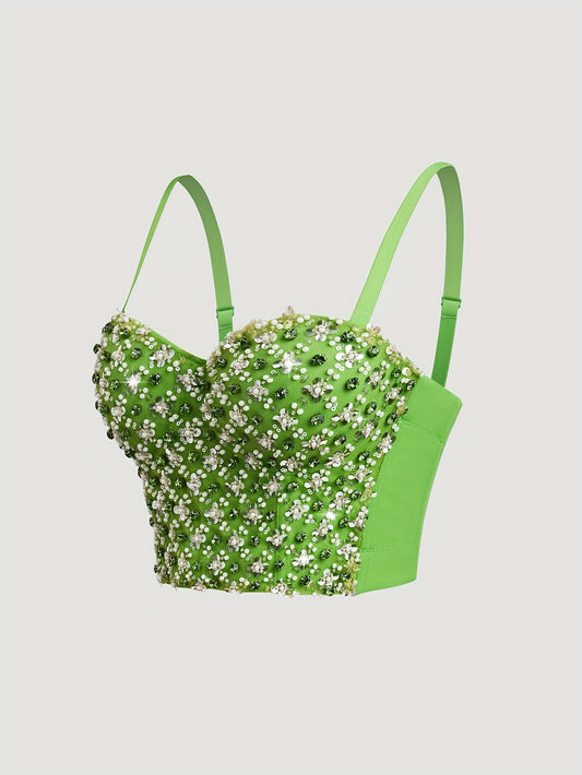 Women'S Beaded & Rhinestone-Embellished Corset Top - Sexy Green Cropped Tube Top with Adjustable Straps, Perfect for Stage Performances & Trendy Outfits, Stage Performance Apparel | Rhinestone Embellished Top | Beaded Corset