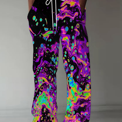 Men's Psychedelic Swirl Print Straight-Leg Pants - Vibrant, Loose Fit with Drawstring Waist | Casual Polyester Trousers for Teens & Adults, Machine Washable