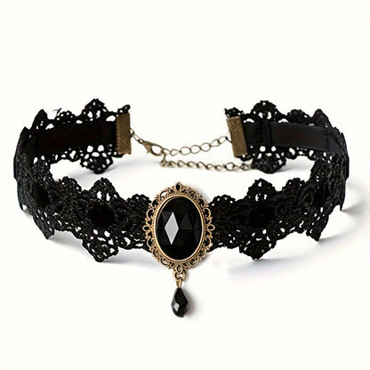 Gothic Lace Choker Necklace with Rhinestone, Adjustable Clavicle Jewelry, Women'S Fashion Collar, Gift for Parties, Halloween, All-Season Accessory