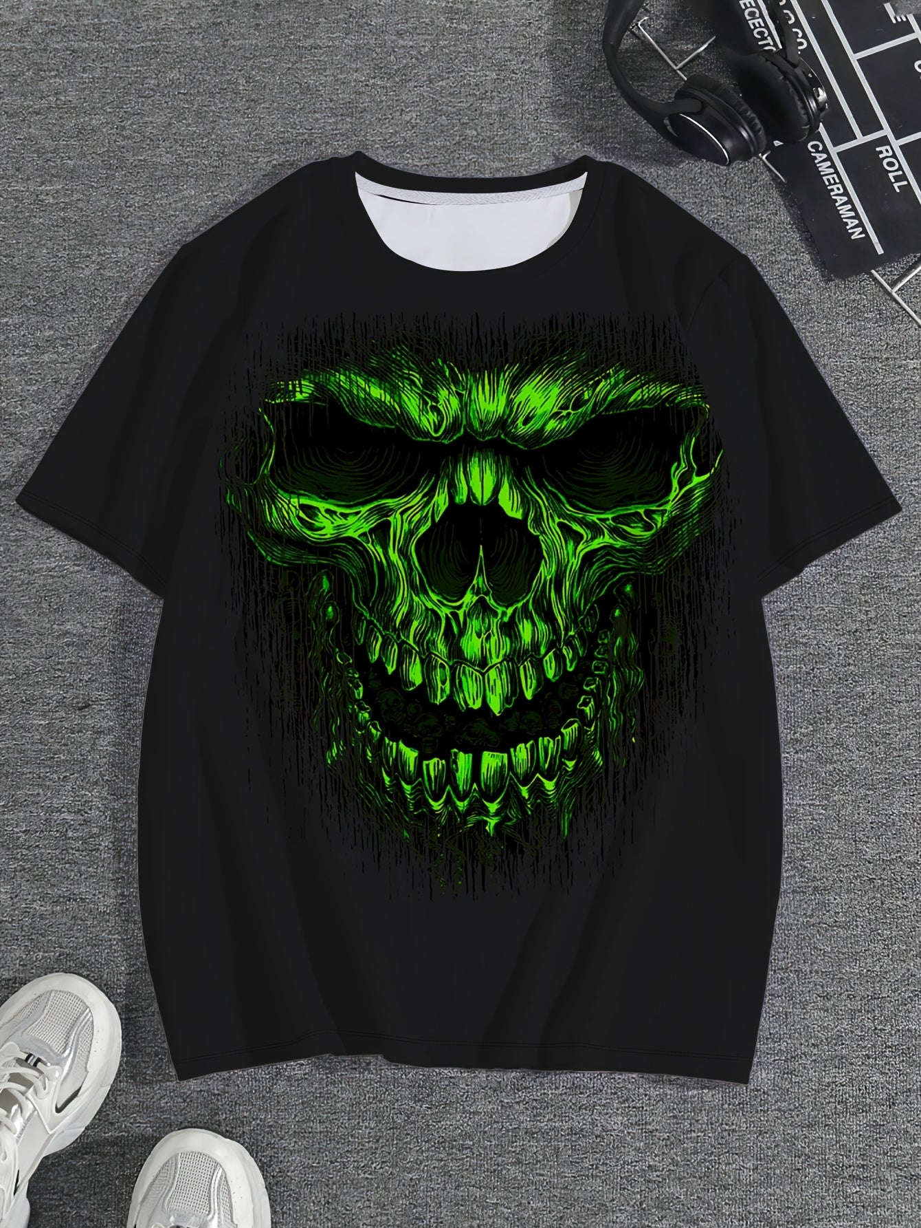 Men's Graphic T-Shirt - Bold Neon Green Skull Print Tee, Heavy-Duty 100% Polyester Shirt for Everyday & Halloween Outfits, Machine Washable Big & Tall Sizes Available - Edgy Streetwear Essential, Casual Wear, Round Neckline T