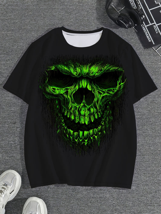 Men's Graphic T-Shirt - Bold Neon Green Skull Print Tee, Heavy-Duty 100% Polyester Shirt for Everyday & Halloween Outfits, Machine Washable Big & Tall Sizes Available - Edgy Streetwear Essential, Casual Wear, Round Neckline T