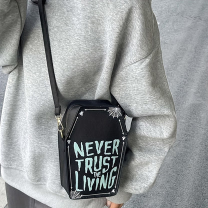 1pc Halloween Coffin-Shaped Fashion Shoulder Bag for Women, Sexy Gothic Faux Leather Crossbody Purse with "Never Trust The Living" Print, Zip Closure, Polyester Lining, and Edge Detailing