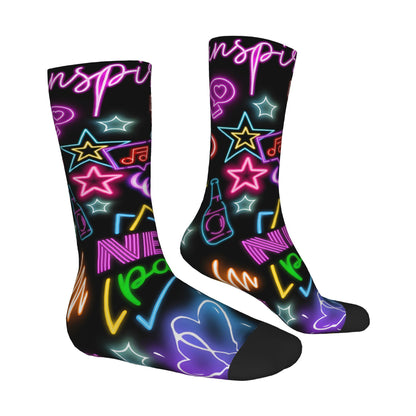 1 Pair Men'S Neon Style Compression Socks, Vintage Harajuku Hip Hop Novelty Pattern, Polyester & Elastane, Hand Wash or Dry Clean, Random Printed Crew Socks, Gift Idea