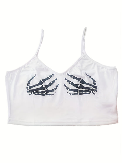 Women'S Sexy V-Neck Slingback Crop Top, Skull Hand Print, Knit Fabric, 95% Polyester 5% Spandex, All-Season, 180g/m², Polyester Knit Fabric, Sizes S-XL