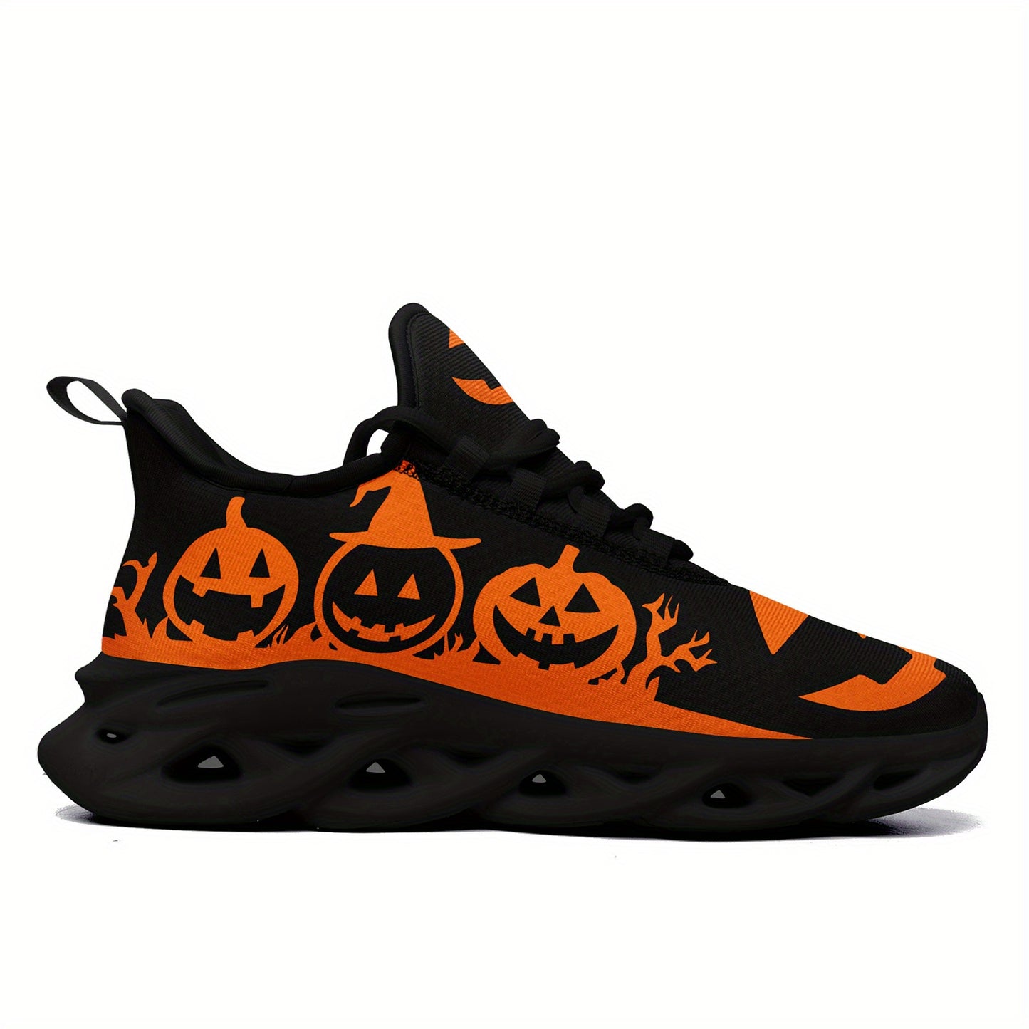 [Halloween Sneakers] Women's Halloween Sneakers - Orange Pumpkin Jack-o'-Lanterns, Lace-Up Trick Treat Shoes, Plus Size Available - All-Season Casual Shoes for Halloween Parties, Casual Attire & Costume Outfits - Lightweight