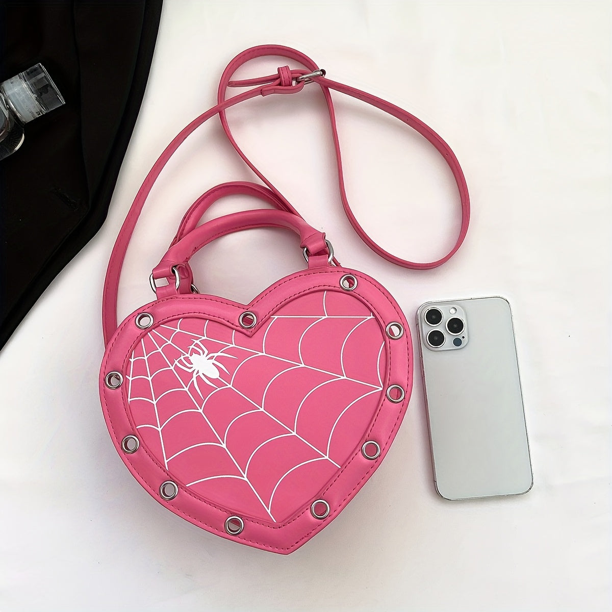 Spider Web Print Heart-Shaped Crossbody Bag for Women - Adjustable Detachable Strap, Zipper Closure, Gothic Handbag in Pink/Black, Y2K Rock Punk Style for Halloween, Music Festivals & Role Play, Spiderweb Purse, Halloween Acc